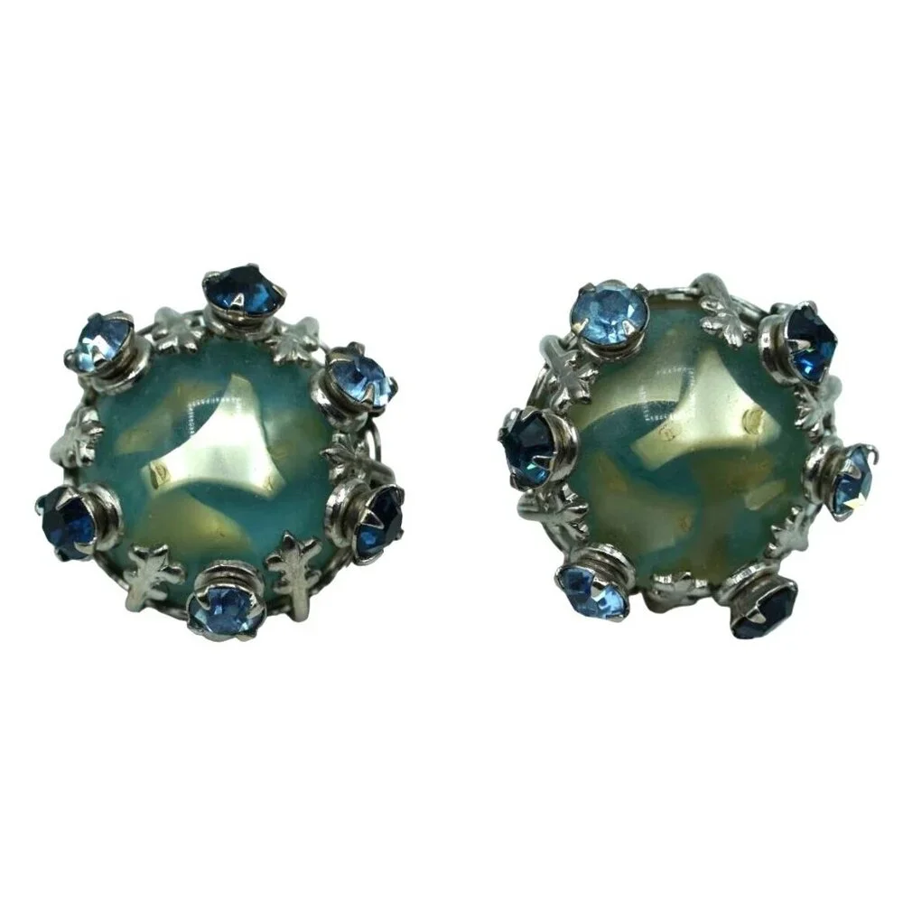 Vintage Rhinestone Set Confetti Lucite Brooch Earrings Blue Green Fleur de Lis C